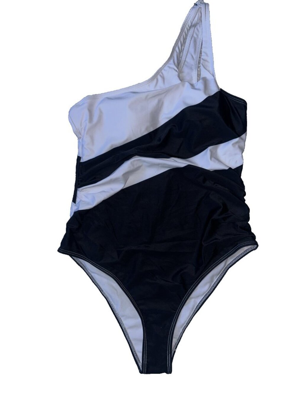 Beilon Black & White Slimming One-Piece Swimsuit Bathing Suit Sz L One Shoulder